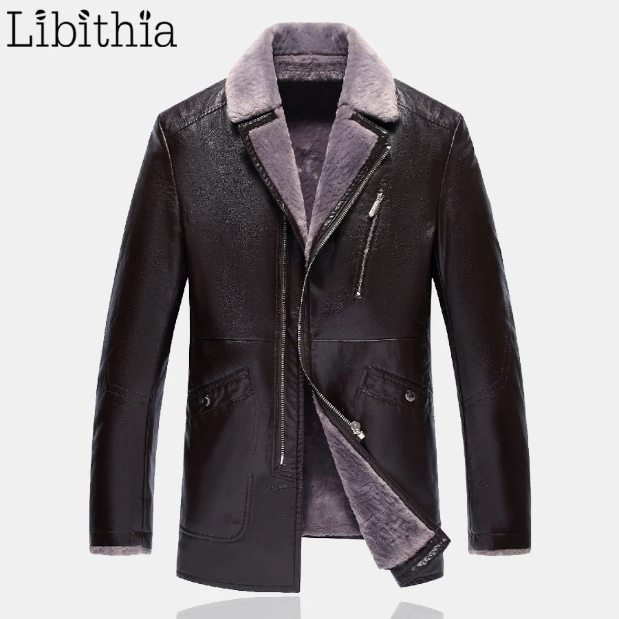 Men PU Long Leather Coats Thick Fleece Coat Blazer Collar Straight