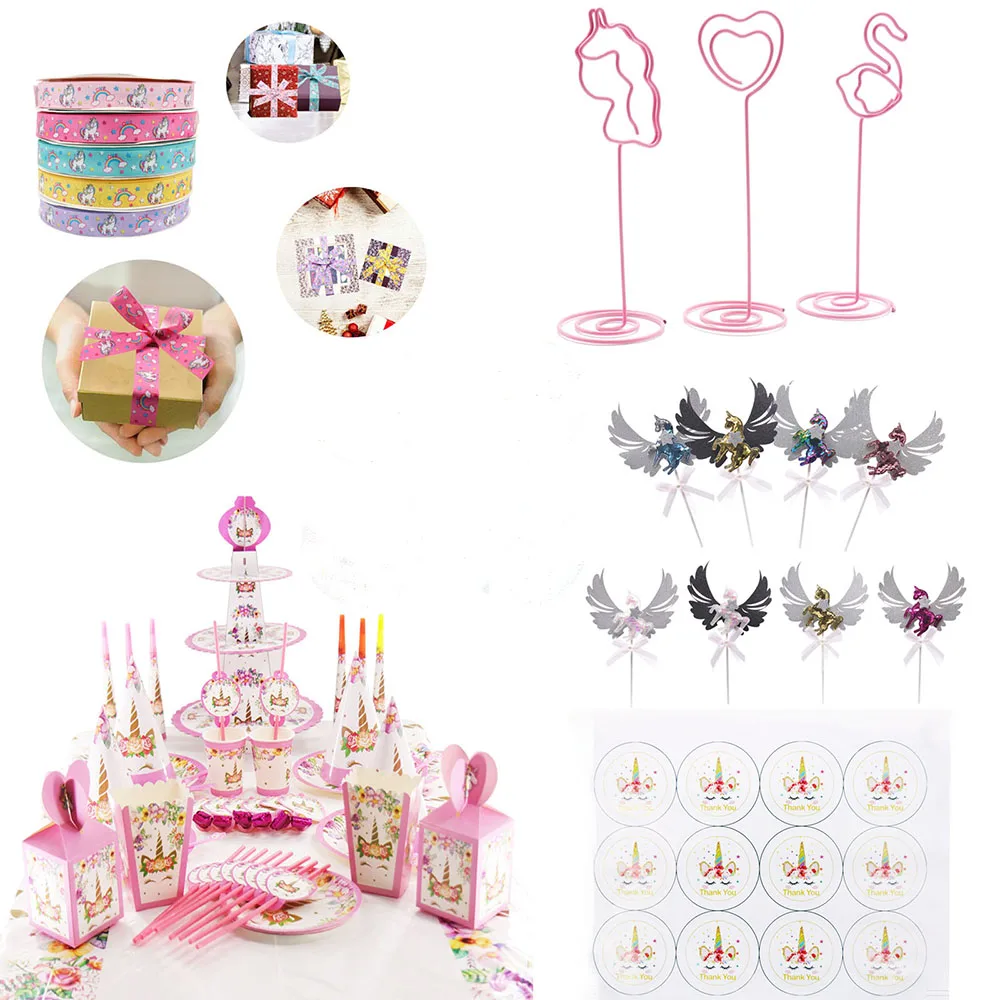 

Unicorn Tableware Grosgrain Ribbon Glitter Cupcake Cake Topper Balloon Sticker Photo Clip For Baby Shower Wedding Party Decor