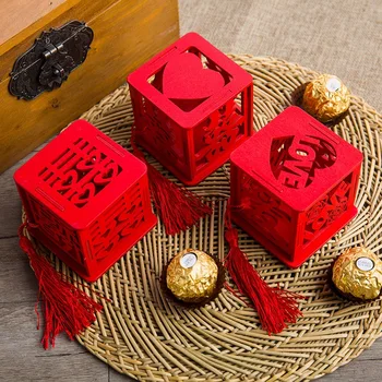 

100pcs Wood Chinese Double Happiness Wedding Favor Boxes Candy Box Chinese Red Classical Sugar Case With Tassel