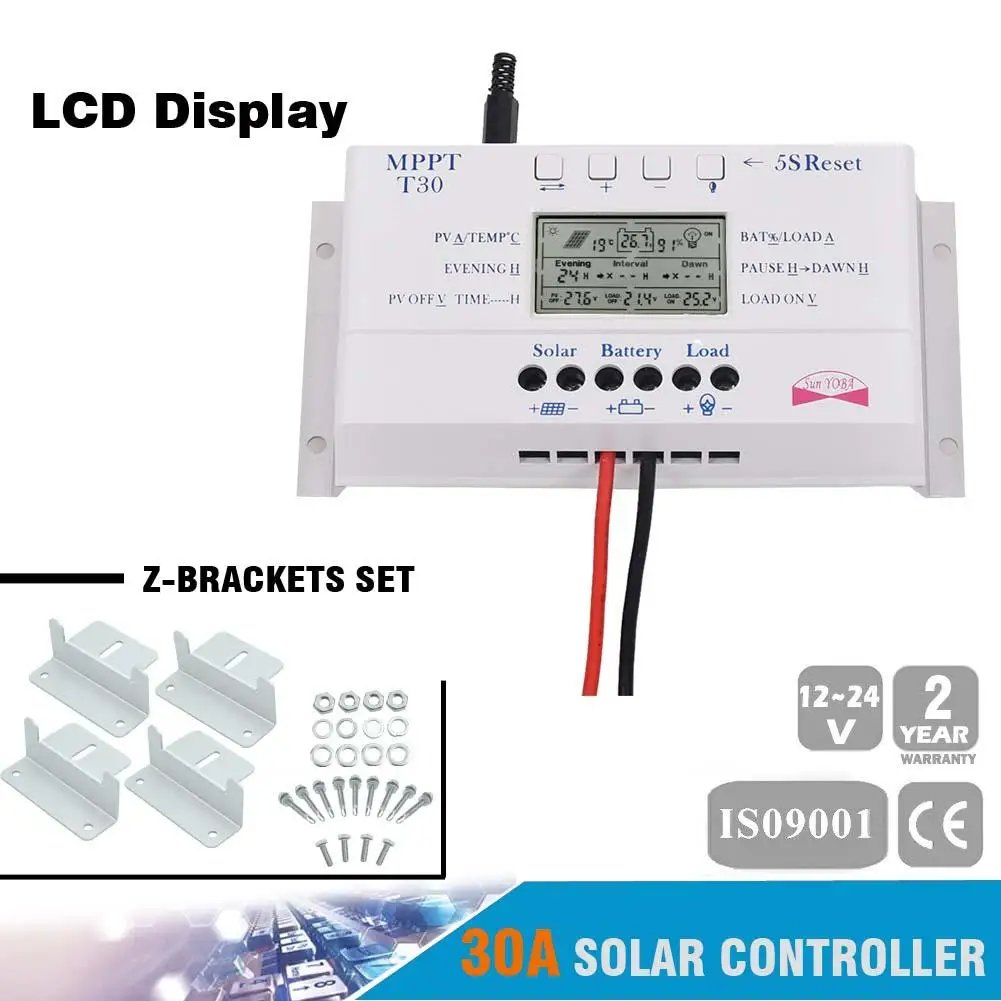 

LCD Display 30A 12V/24V MPPT Solar Panel Battery Regulator Charge Controller Three-time Auto Safe Protect + Z-Brackets Set PJW