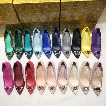 

Bling Crystal Embellished Women Pumps High Thin Heel Sexy Lace Stiletto Woman Pointed Toe Color Wedding Runway Star Shoes Chic