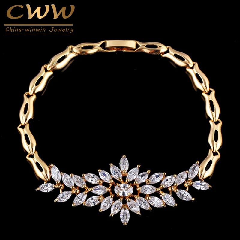 

CWWZircons Elegant Yellow Gold Color Big Flower Charm Wedding Bracelet Bridal Cubic Zirconia Bracelets Jewelry For Brides CB083