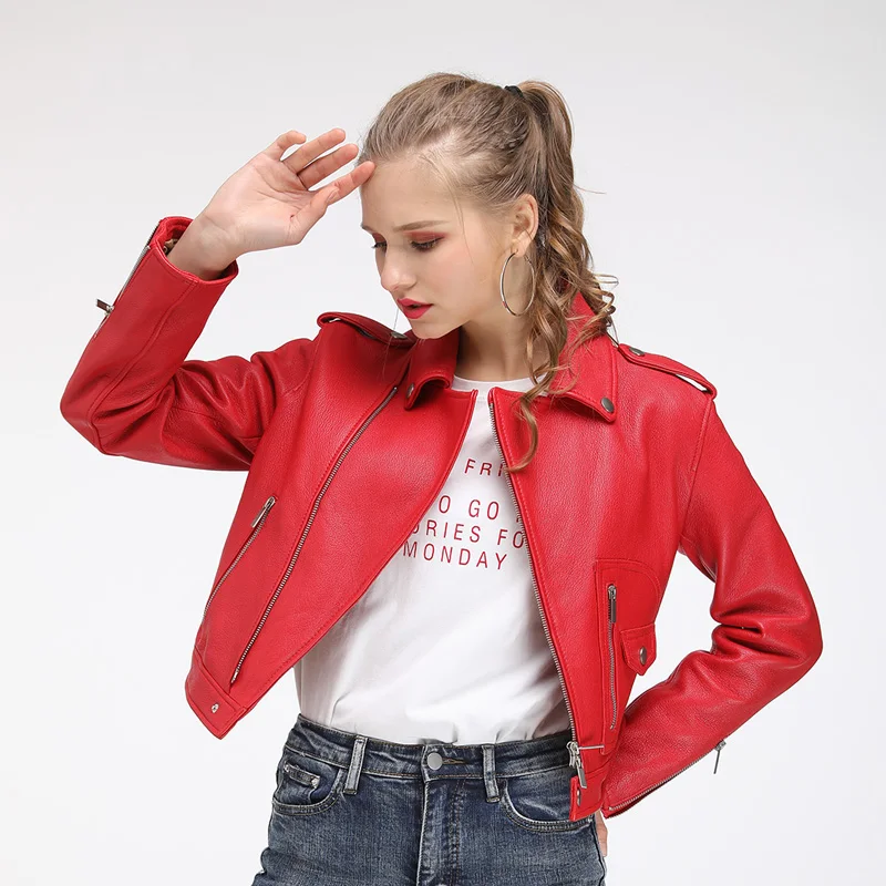 Maylofuer Genuine Leather Jacket Women Fashion Bright Colors Black Motorcycle Coat Short Biker Jacket Soft Coats Female