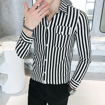 

Autumn New Men Shirt Brand Slim Fit Striped Social Male Shirt Long Sleeve Front Pocket Design Casual Shirts Dress Men's Clothing