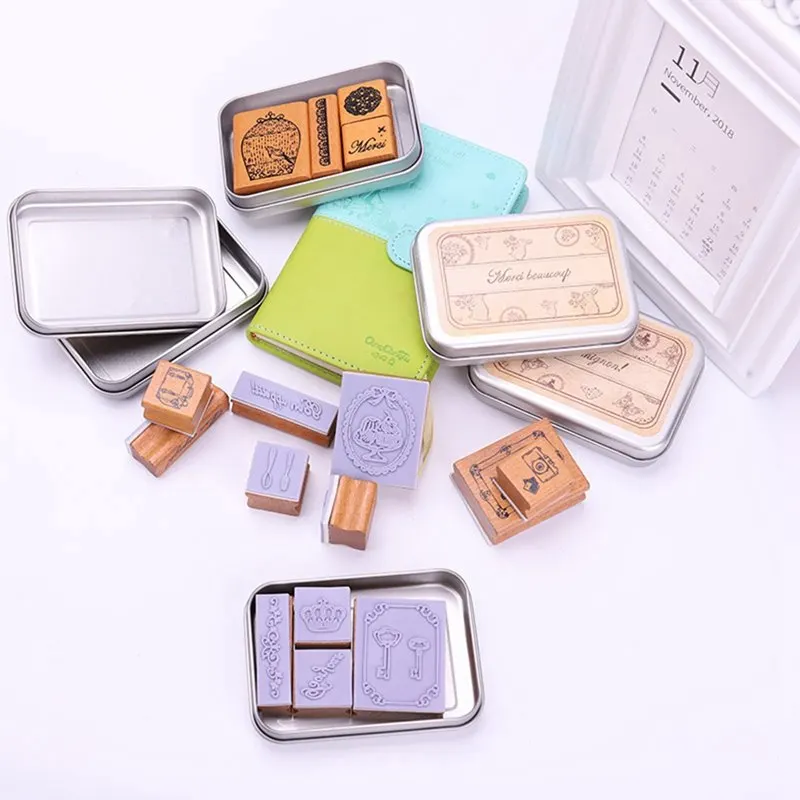 

4 pcs/lot (1 bag) DIY Vintage Wood Stamp Retro Tin Box Stamps for Scrapbooking Home Decoration