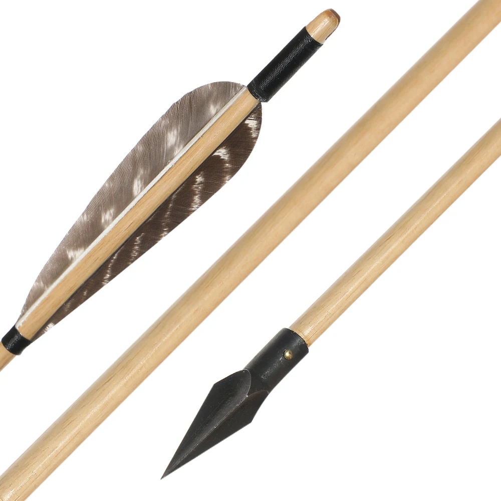 Tiro com Arco de Madeira Setas com Broadheads Real para Adulto Pena Tradicional Arco Recurvo Longbow Caça Tiro Esportes 12 Pçs Aço 2 setas com broadheads aço pena real para