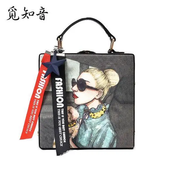 

Fashion New Women Handbags High-quality Pu Leather Women Tote Bag Cartoon Printing Box Bag Portable Shoulder Messenger Bag