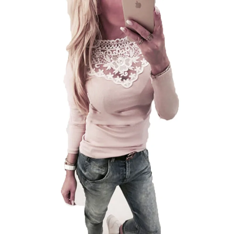 Women's Lace T-Shirt Korean Style Clothes Casual Female Long Sleeves Cotton O-Neck Women Tshirt Clothing Vetement Femme Top