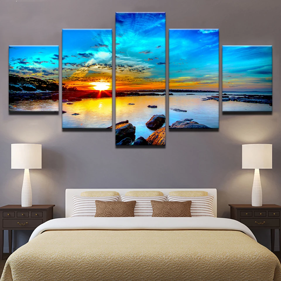 Canvas-Prints-Paintings-Home-Decor-5-Pieces-Blue-Sky-Seaside-Sunrise-Sea-Reef-Pictures-Sunset-Seascape