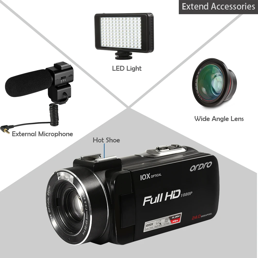 Ordro hdv-z82 видео Камера 10x Оптический зум FULL HD 1080 P видеокамера с внешнего микрофона Широкий формат объектива
