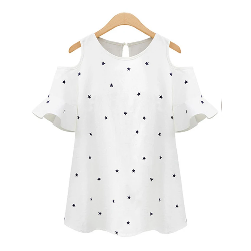 

Sexy Off-The-Shoulder O-Neck T Shirt Women Casual Fashion Print Dot Ruffled Shirt Women Loose Plus Size Breathable Tshirt Summer