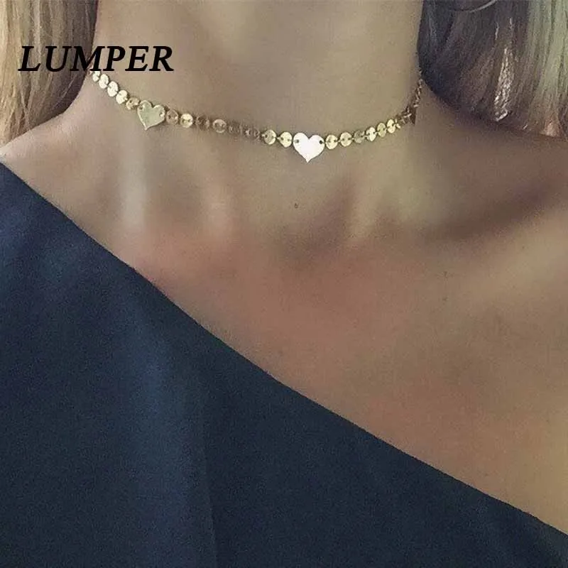 

LUMPER Simple Metal Peach Heart Handmade Sequins Choker Necklace Gold Silver Color Chokers Heart shaped clavicular chain 07