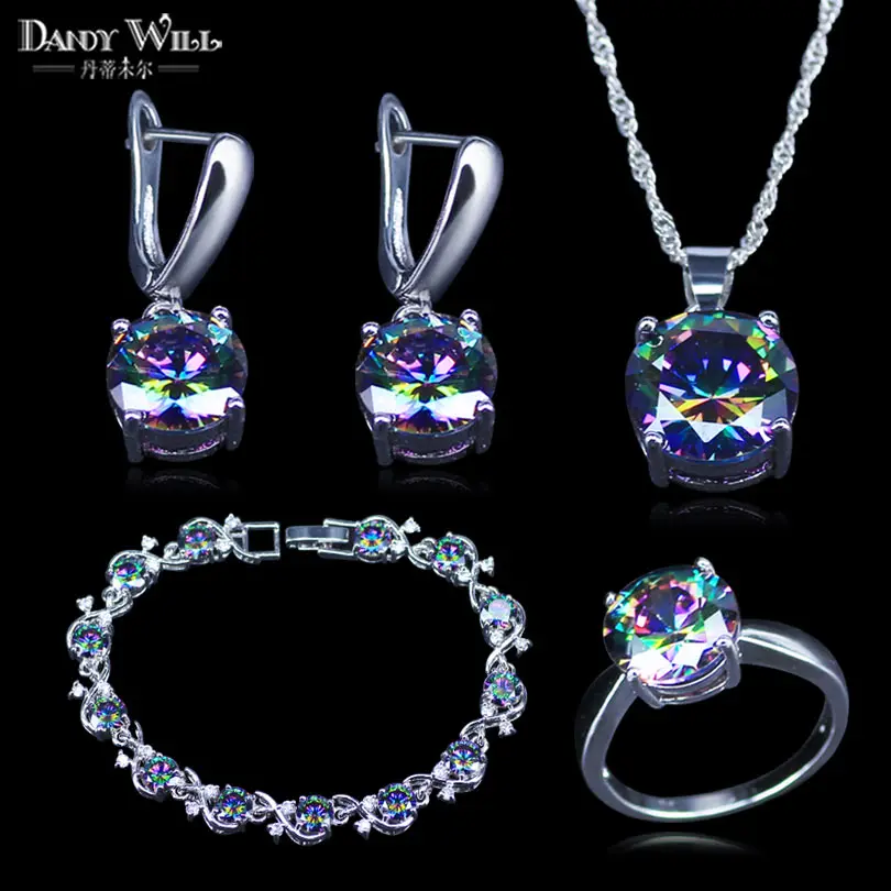 

Mystic Rainbow Cubic Zirconia 925 Stamp Silver Color Bridal Jewelry Sets For Women Wedding Necklace/Earrings/Pendant/Ring/