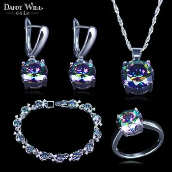 

Mystic Rainbow Cubic Zirconia Silver Color Bridal Jewelry Sets For Women Wedding Necklace/Earrings/Pendant/Ring/