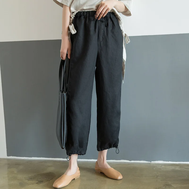 Johnature 2021 Elastic Wiast Solid Color Cotton Linen Summer New Women Clothes Harem Pants Loose Casual Ankle-length | Женская одежда