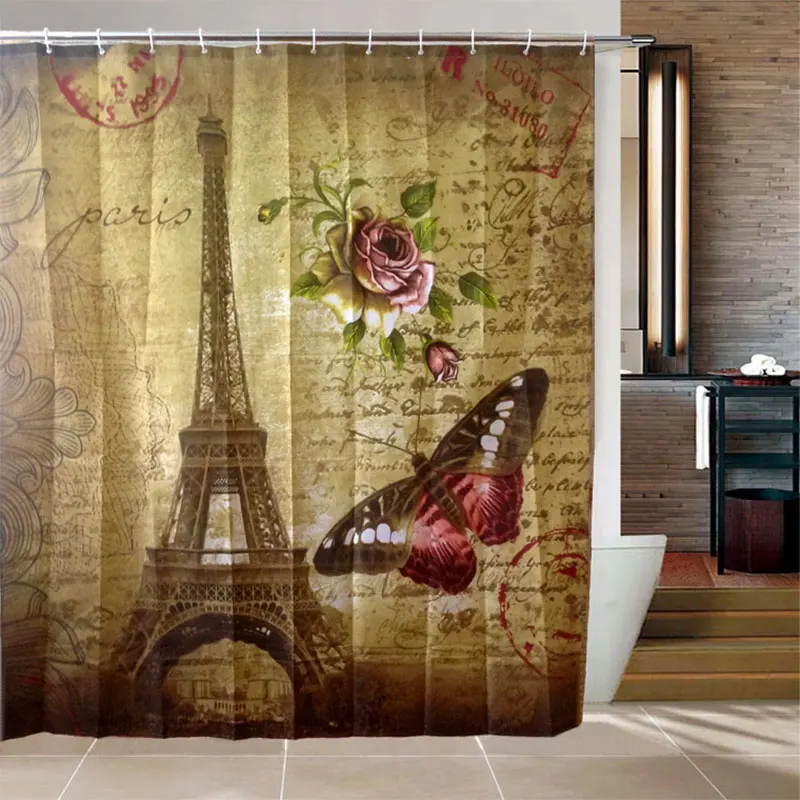 Waterproof Paris Eiffel Tower Fabric Shower Bath Hooks Shower Curtain