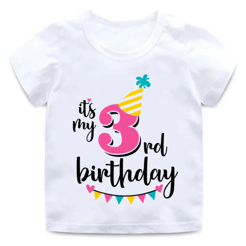 Футболка с надписью «Happy Birthday» и цифрой 1-7 для девочек Милая летняя одежда для малышей Забавная детская футболка с цифрами на день рождения HKP2432