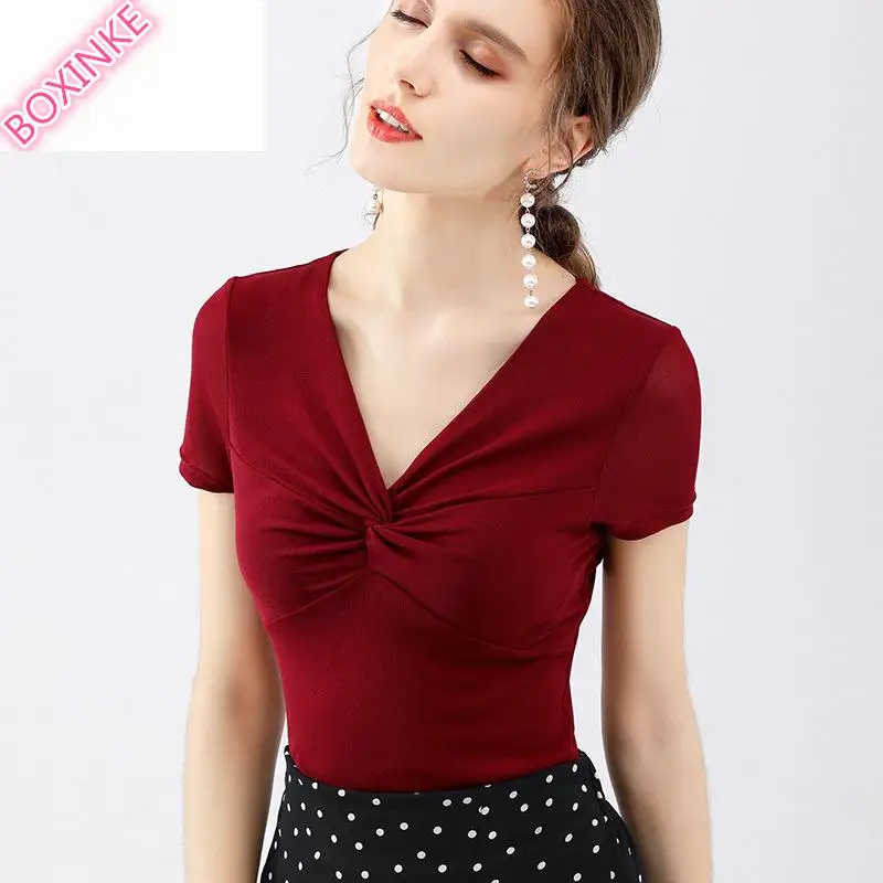 

Kpop Tumblr Summer Polyester Nylon Acetate Casual 2019 New V-neck Short Sleeve T-shirt Bottom Shirt Pure Semi-short Women's Top