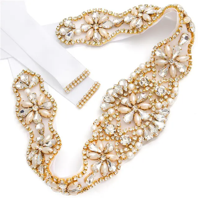 MissRDress Wedding Rhinestones Bridals Belt Pearls Crystal Bridal Belt Jeweled Bridal Sash For Wedding Dresses Pearl Belts JK806 Gold---white