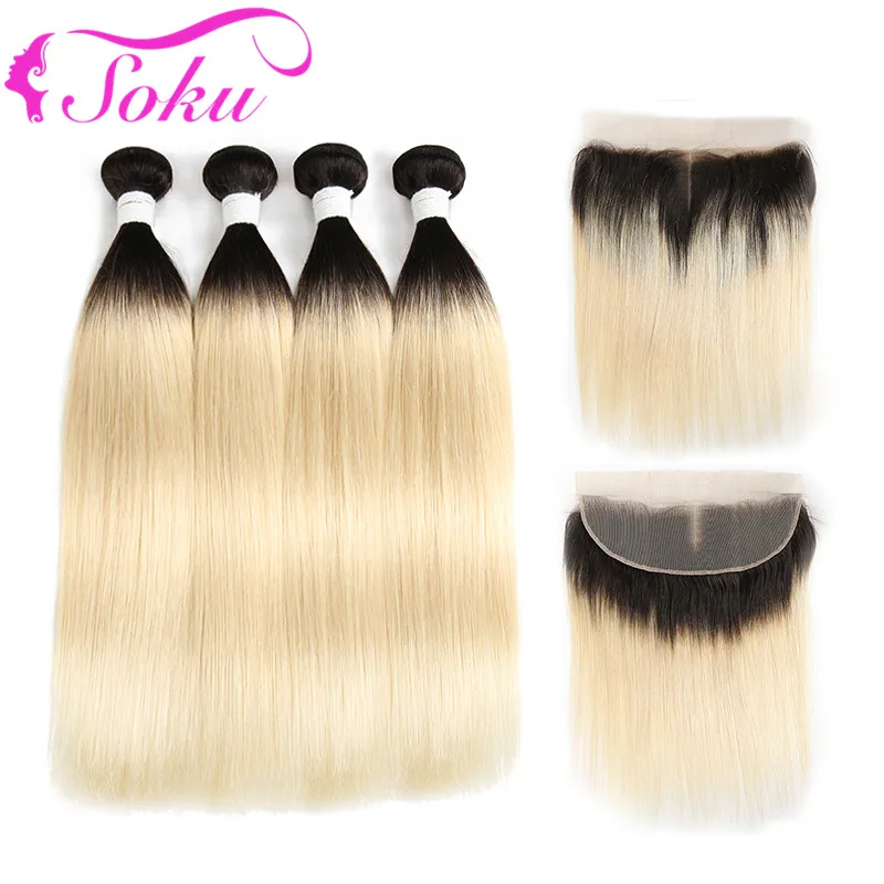 

1B/613 Ombre Blonde Bundles With Frontal 13*4 SOKU Brazilian 613Straight Human Hair Weave Bundles Remy Hair Frontal With Bundles