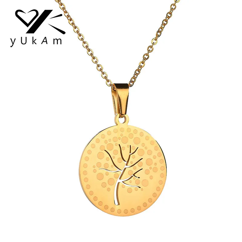 

YUKAM Lucky Life Tree Pendant Short Chain Necklaces Gold Stainless Steel Circle Round Medallion Coin Necklaces Jewelry for Women