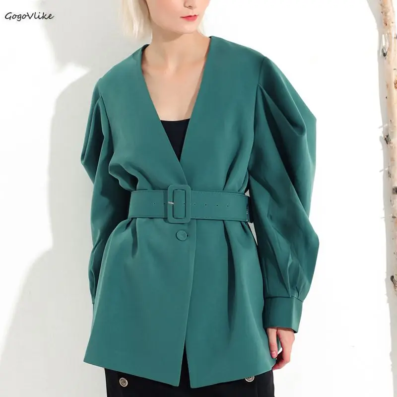 

Vintage V Neck blazers Wide Shoulder 2019 New Women business OL Office suit jackets with Belt Coat Green Casual coats LT999S50