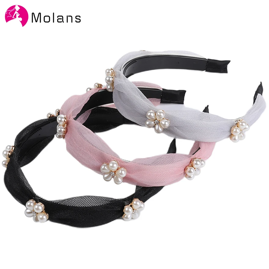 

Molans Elegant Pearls Flower Headbands Lace Single Rhinestone Hairbands New Solid Girls Headband Hair Accessories for Women