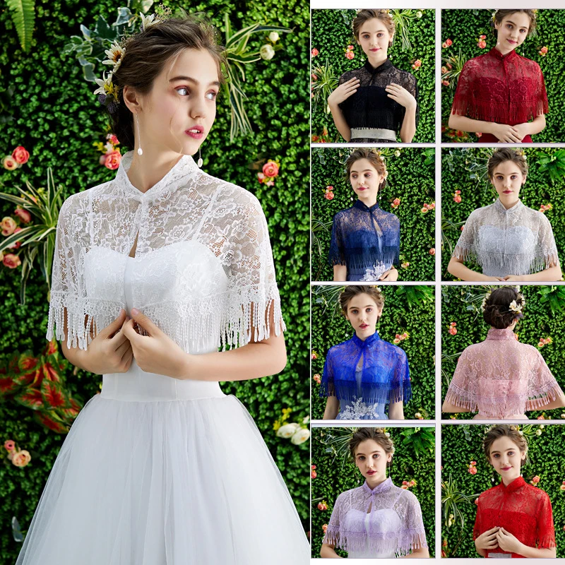 

Summer Women Bolero 11 Colors Lace Bridal Stoles Wraps Vintage Tassels Wedding Coat Shawl Elegant Evening Jacket Cape Mariage