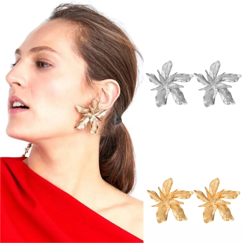 Новые модные ювелирные изделия преувеличенные праздничные золотые серебряные серьги из сплава с большим цветком для женщин серьги-гвоздики вечерние аксессуары подарок