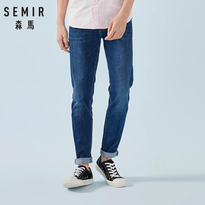 Cheap SEMIR Jeans for Men Stretchy Skinny Jeans Soft Cotton Jeans in Washed Denim with Mock Front Pocket Zip Fly with Button