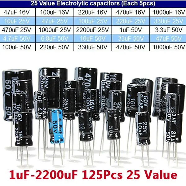 

1uF-2200uF 125Pcs 25 Value Electrolytic Capacitors Assorted Kit Set plastic bag pack Free Shipping
