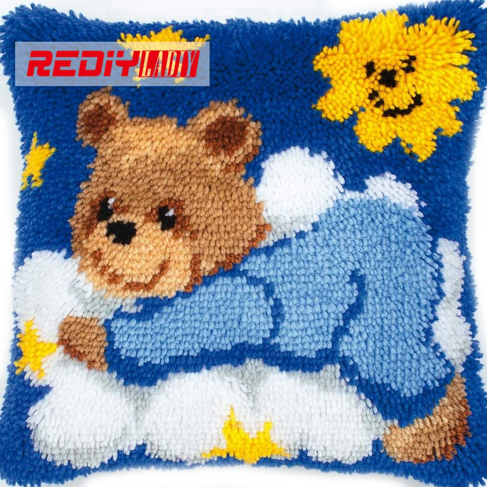 

HOT 3D Latch Hook Pillow Kits DIY Needlework Crocheting Kit Yarn 2015 Handmade Embroidery Unfinished Pillowcase Blue Ted at Rest
