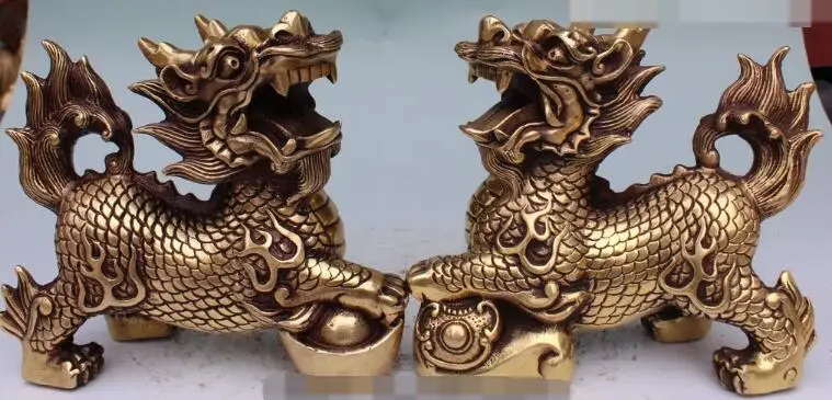 

S00920 6" Chinese Folk Bronze Dragon Kylin Qilin Unicorn Beast Wealth Ru Yi Statue Pair