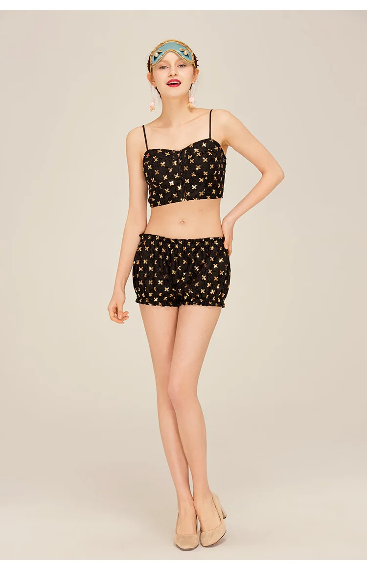 Новые женские сна Топ черный велюр Sexy Hot Gold геометрический сверкающих блестками вышивкой наивысшего качества пижамы