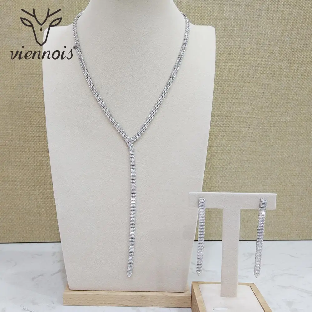 

Viennois New Silver Color Zircon Jewelry Set For Women Geomertic Drop Earrings Necklace Set Party Jewelry Set 2018