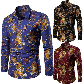 

Men Blouse Spring And Summer Men's Casual Pattern Stand Collar Button Long-Sleeve Shirt