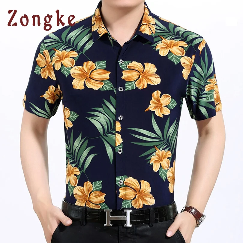 Zongke Summer Hawaiian Shirt Men Short Sleeve Floral Hawaiian Mens