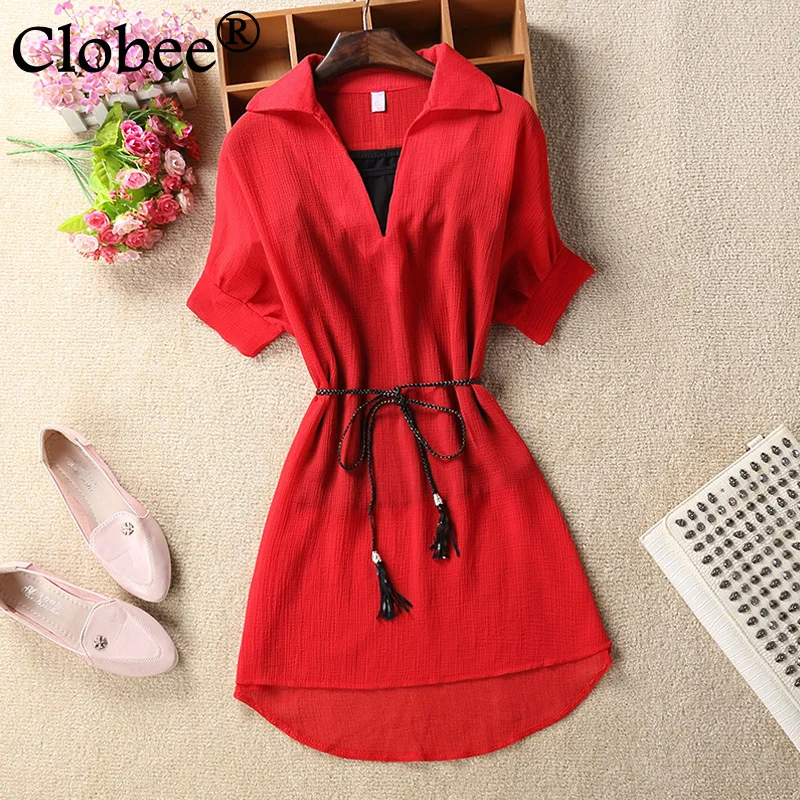 

Clobee camisa social mulher vintage ladies 2019 Summer Long tunic shirts body Chiffon blouses Short sleeved Plus size Tops CJ738