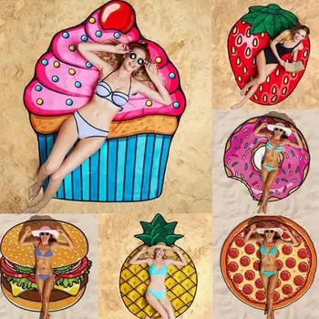 

150x150cm Polyeater Beach Towel Tapestry Hamburger Fruit Print Picnic Mat Beach Blanket for Home Wall Art Decoration