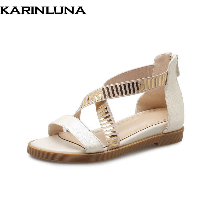 

Karinluna 2018 summer genuine leather concise women sandals metal decorating cross strap platform shoes woman low heels shoes