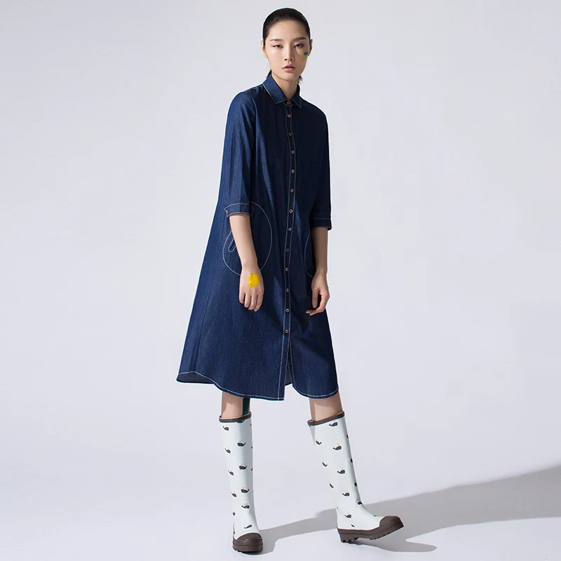 

LYNETTE'S CHINOISERIE 2017 summer women loose full dress shirt women's half sleeve solid color thin denim one-piece dress