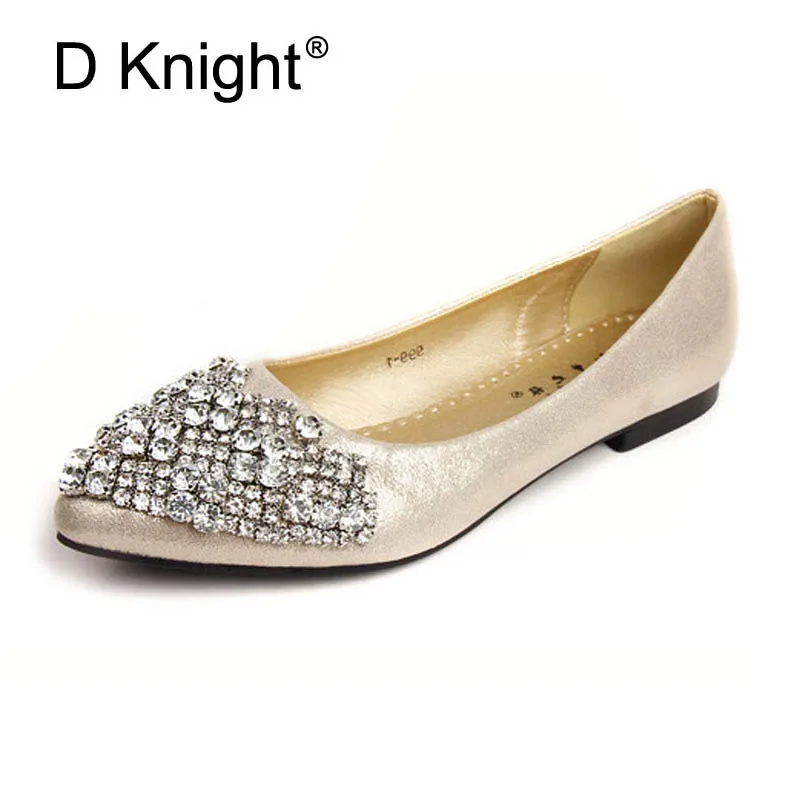 

Fashion Pointed Toe Rhinestone Flats For Women Elegant Metallic Pu Crystal Women Flats Ladies Casual Slip-on Flat Wedding Shoes