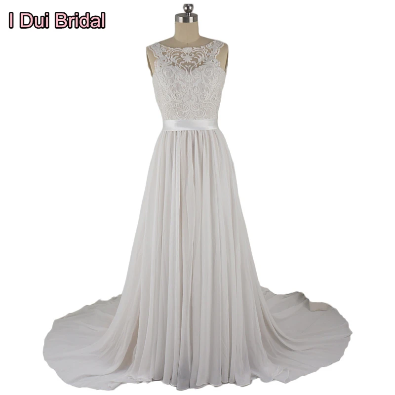 

Lace Chiffon Wedding Dresses Real Photo Bridal Gown with Belt Factory Custom Made ELS0006