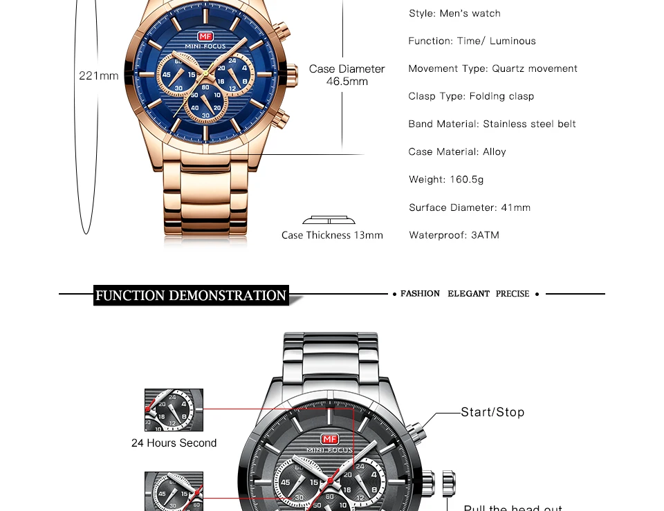 MINI FOCUS, мужские часы с хронографом, спортивные мужские часы, Топ бренд, Роскошные водонепроницаемые полностью Стальные кварцевые золотые часы для мужчин, Relogio