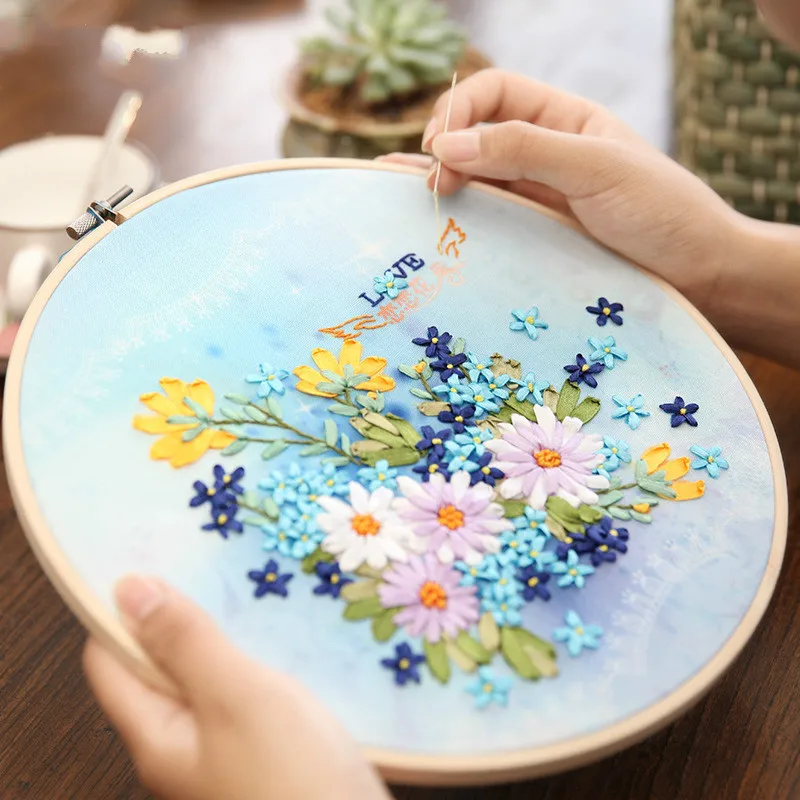 

1Set Handmade Embroidery DIY Cloth Material Package Sticky Embroidery Ribbon Embroidery Kit Living Room Paintings With Frame