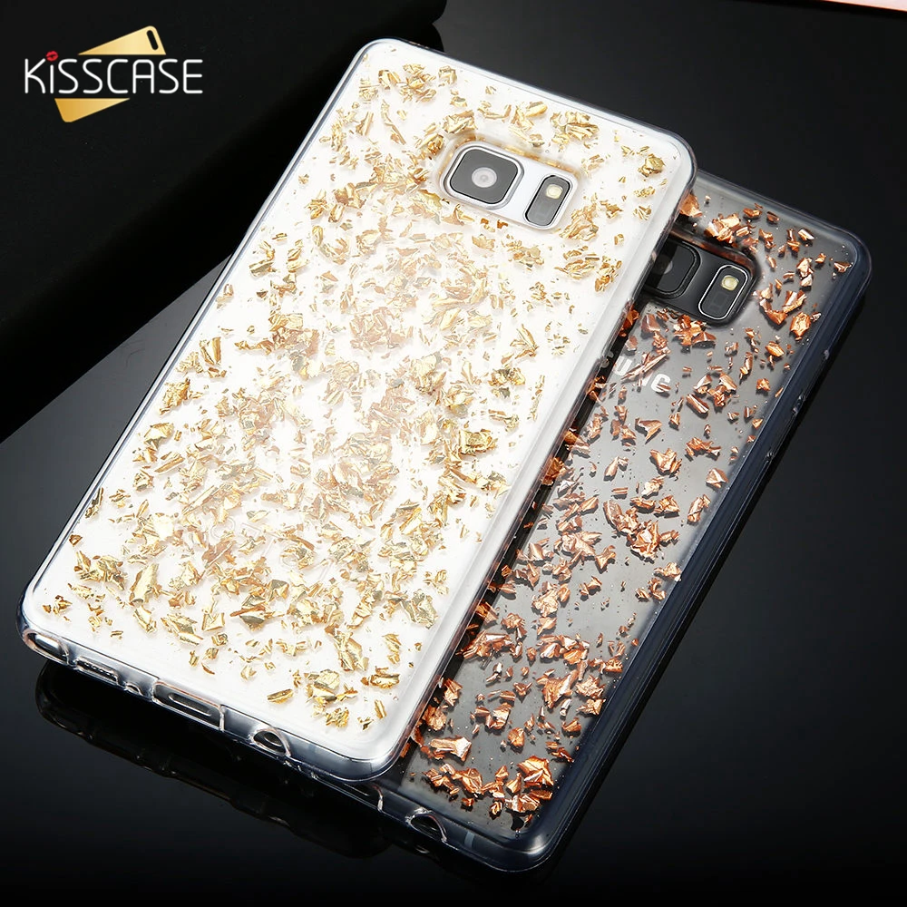 

KISSCASE Luxury Gold Foil Case For Samsung S5 S6 S7 Edge S8 Plus Cases Bling Sequins Soft Cover For Samsung Note 4 5 8 A J 3 5 7