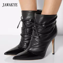2018 Пикантные ботильоны женские острый носок лоскутное лук повязки Ремешок на щиколотке на высоком каблуке женские короткие ботинки