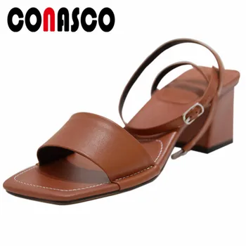 

CONASCO Summer Casual Sandals New Women Shallow Pumps Square High Heels Ankle Buckle Strap Sandals Shoes Woman Classic Sandals