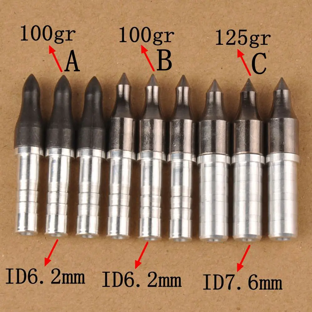 10/20 штук стрелы советы по пунктам 100/125 зерна стрелка насадки для душа с 6,2 мм/7,6 мм алюминиевый стрелка вставка для углеродную стрелу стрельба из лука