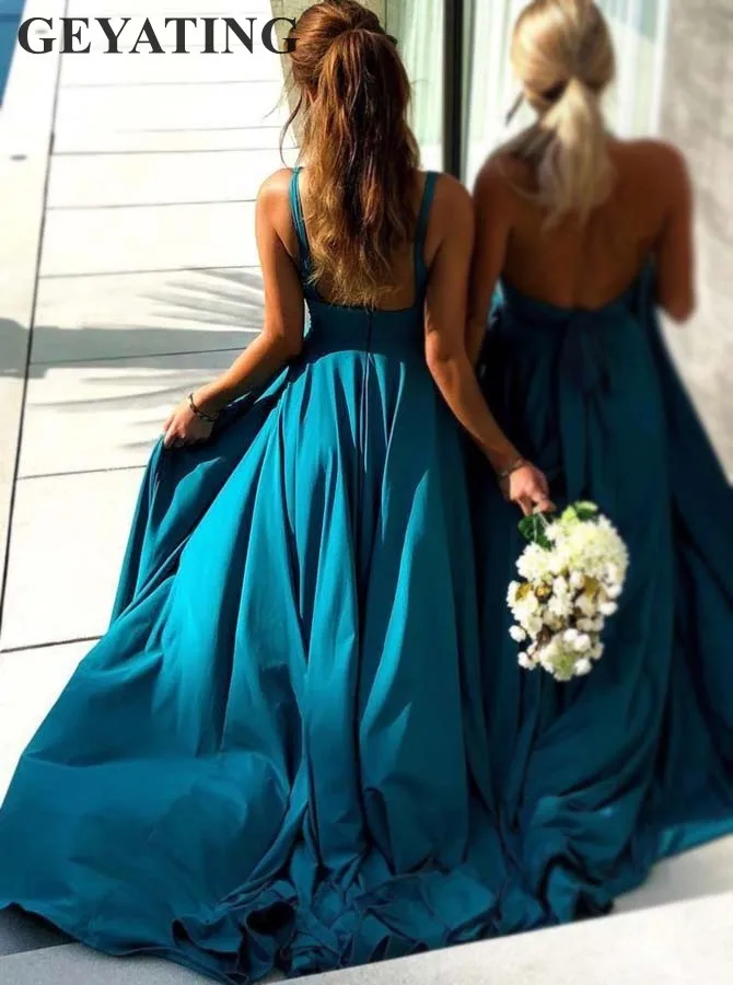 Сексуальное платье с v-образным воротом, бирюзовое, синее, для подружки невесты, платье с Разделение с низким вырезом на спине золото со стразами на свадьбу платья длинные Свадебная вечеринка Выходное платье